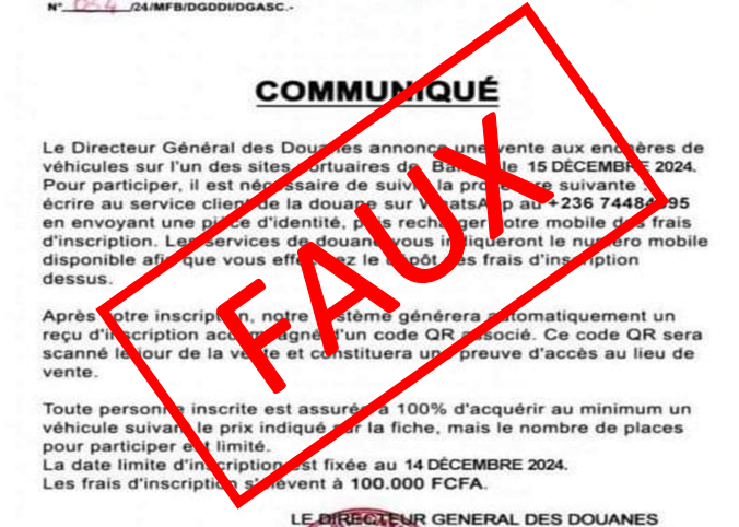 Attention ! La douane centrafricaine n’a pas annoncé une vente aux enchères de ses véhicules