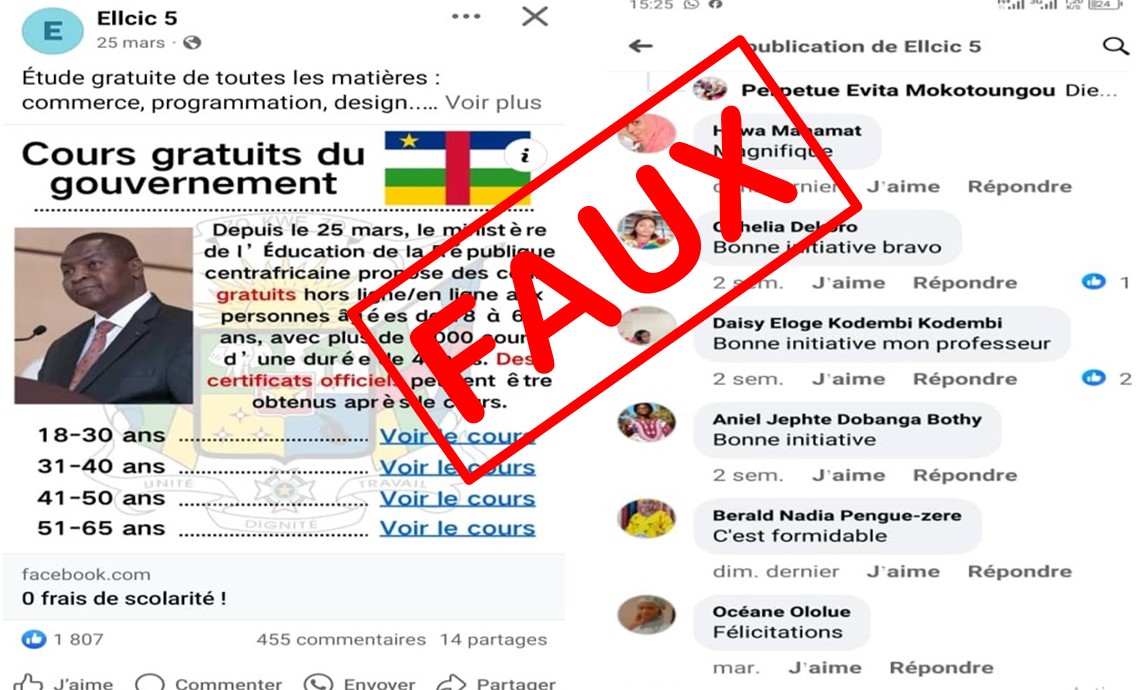 Faux ! Le gouvernement centrafricain n’a pas annoncé des formations gratuites à l’intention du public