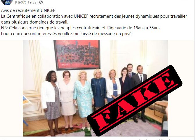 FAUX, la Centrafrique et l’Unicef ne recrutent pas, pour l’instant, des jeunes Centrafricains
