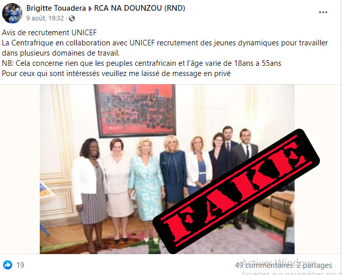 FAUX, la Centrafrique et l’Unicef ne recrutent pas, pour l’instant, des jeunes Centrafricains